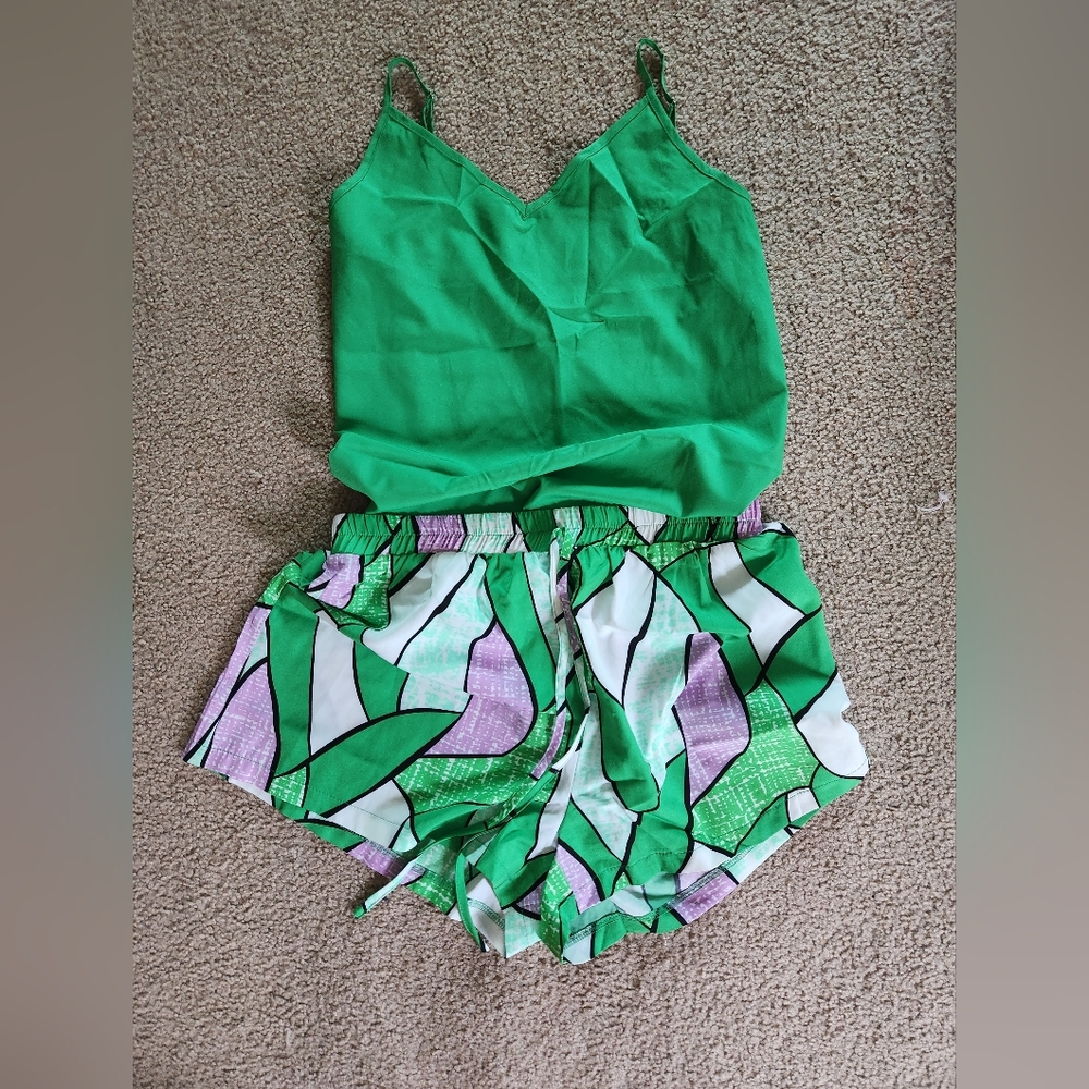 SHEIN Green Top and Purple Patterned Shorts Set